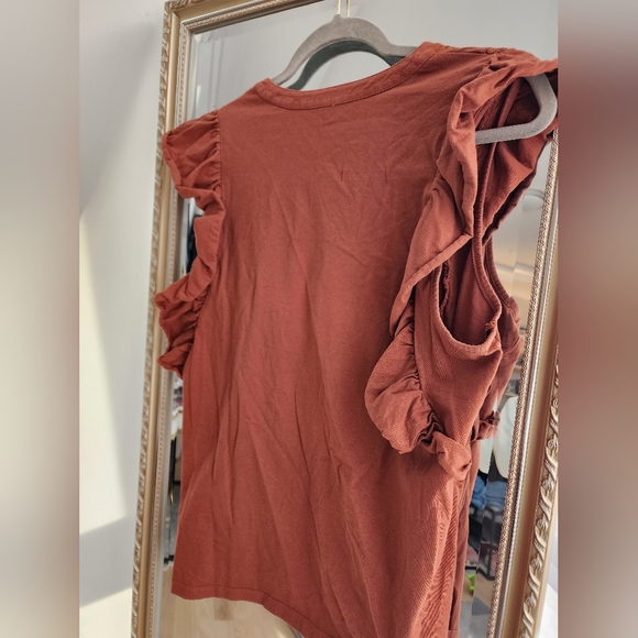 Caslon Embroidered Yoke Lace Trim Ruffle Tank | Size L | Rust Seqouia - Picture 3 of 5